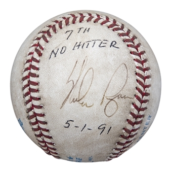 1991 Nolan Ryan Signed Game Used Baseball From 7th No-Hitter Game On 5/1/1991 (Umpire LOA & JSA) 